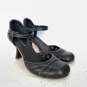 Parade VTG Y2K Black Leather Mary Jane d'Orsay Heels White Contrast Stitching 9
